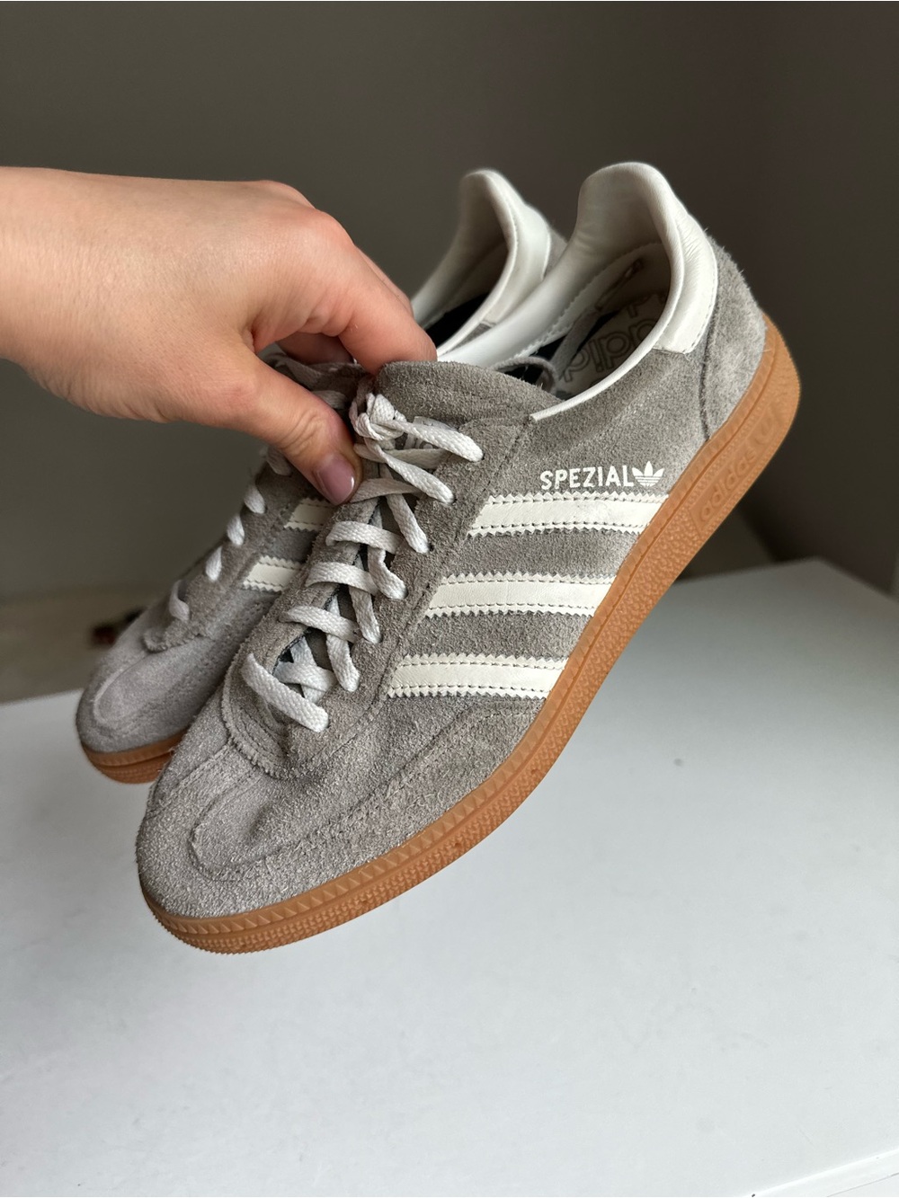adidas Spezial Suede Sneakers in Light Gray and White with Gum Sole
